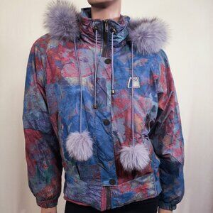 Vintage 80s 90s Puffer Ski Jacket Coat M Fur Trim Hooded Purple Blue Green Rust